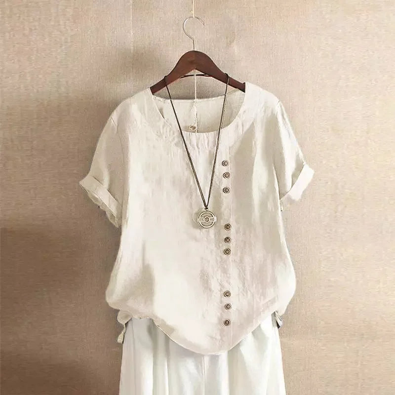 Elegante Katoenen Dames Blouse met Korte Mouwen en Knoop details