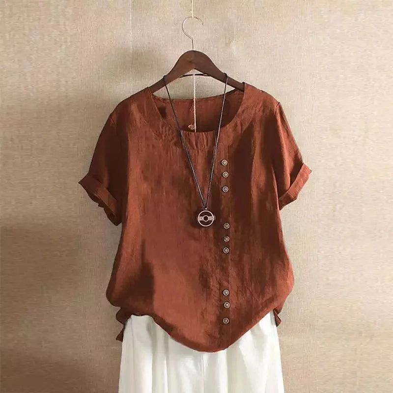Elegante Katoenen Dames Blouse met Korte Mouwen en Knoop details