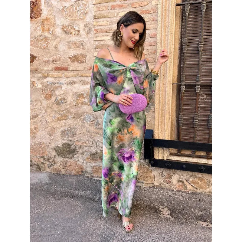 Tie Dye Maxi Strandjurk met Open Rug en Lange Mouwen