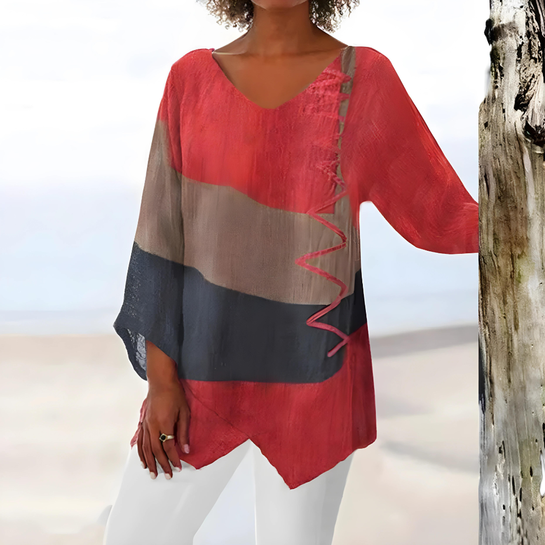 Evelien – Elegante Patchwork Blouse met Asymmetrisch Design