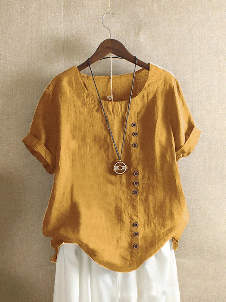 Elegante Katoenen Dames Blouse met Korte Mouwen en Knoop details