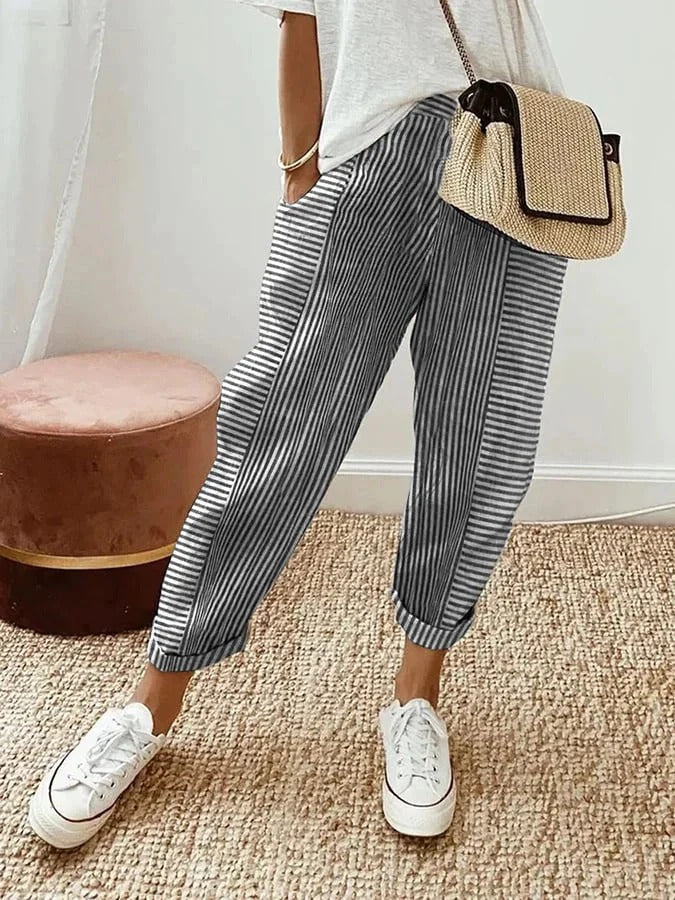 Gestreepte katoenen dames broek - Zomerbroek voor vrouwen