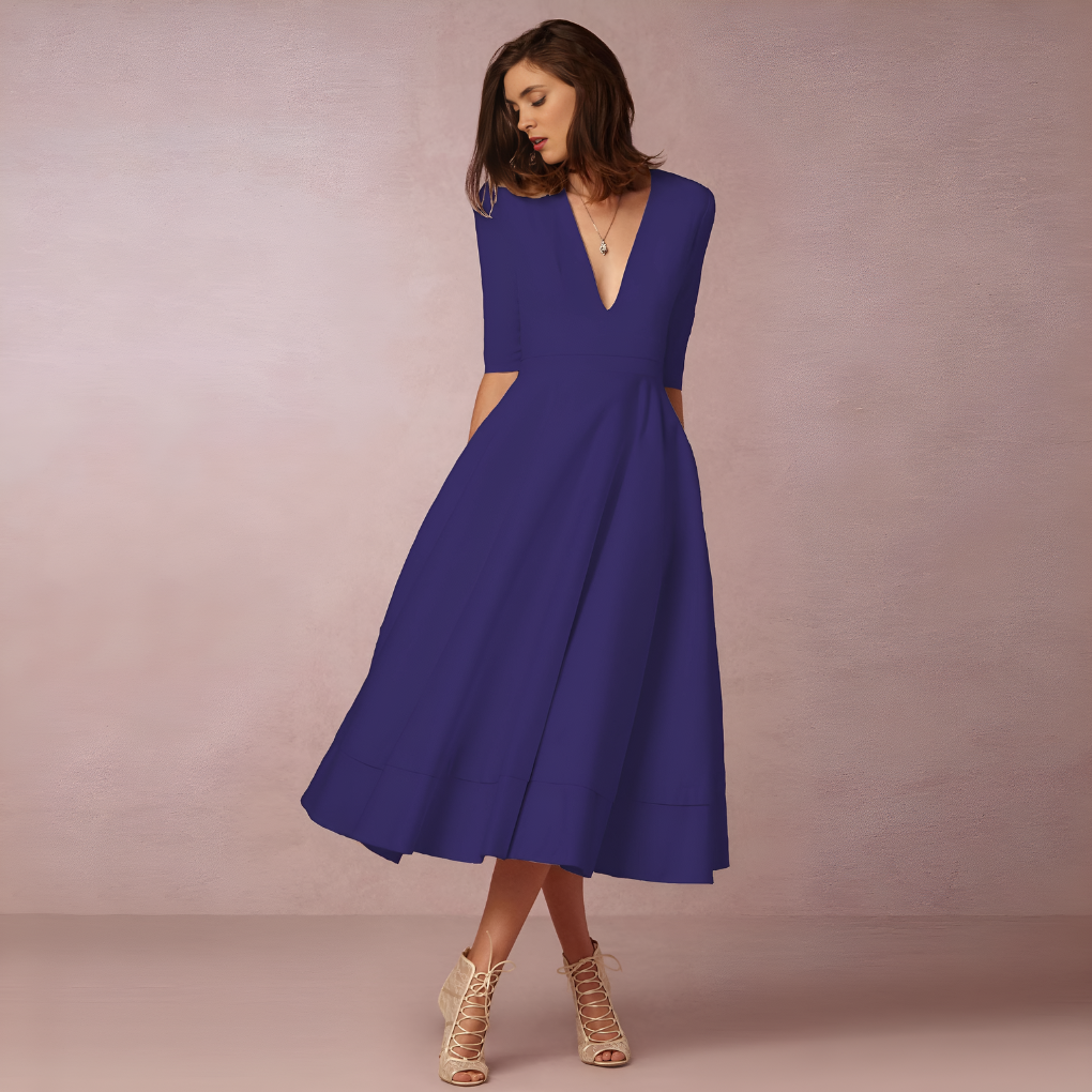 Elegante A-lijn Midi Jurk met V-hals en Volumineuze Rok