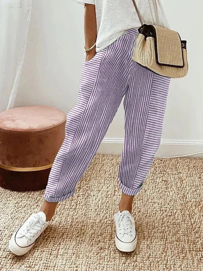 Gestreepte katoenen dames broek - Zomerbroek voor vrouwen