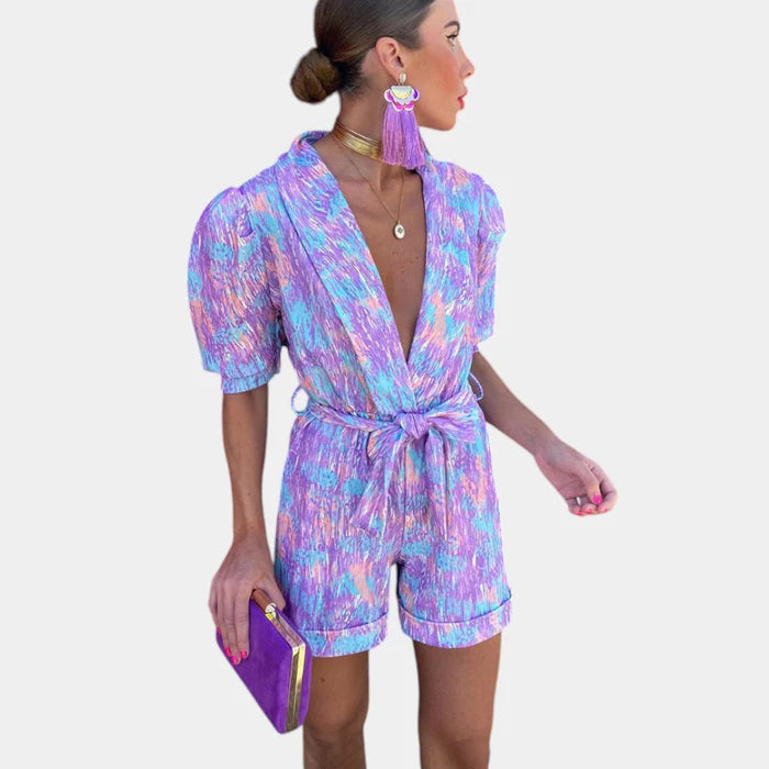 Korte Zomerjumpsuit met Levendige Print en Taille-accentuerende Riem
