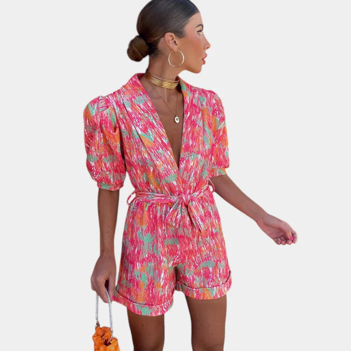 Korte Zomerjumpsuit met Levendige Print en Taille-accentuerende Riem