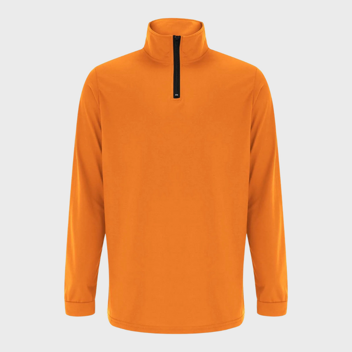 Oranje heren trui met halve rits, lange mouwen en opstaande kraag. Perfect voor casual en sportieve gelegenheden. Comfortabele pasvorm.