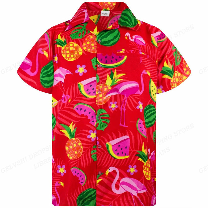 Nico - 3D flamingo bedrukt Hawai overhemd heren