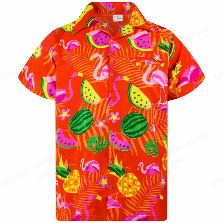 Nico - 3D flamingo bedrukt Hawai overhemd heren