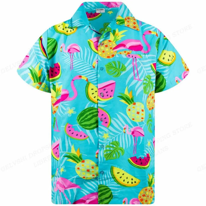 Nico - 3D flamingo bedrukt Hawai overhemd heren