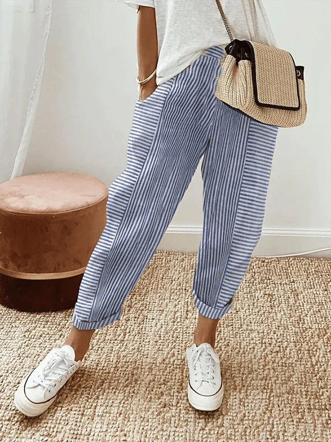 Gestreepte katoenen dames broek - Zomerbroek voor vrouwen