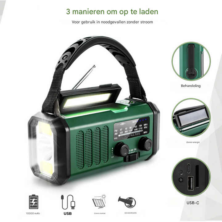 Universele noodkruk en zonneradio