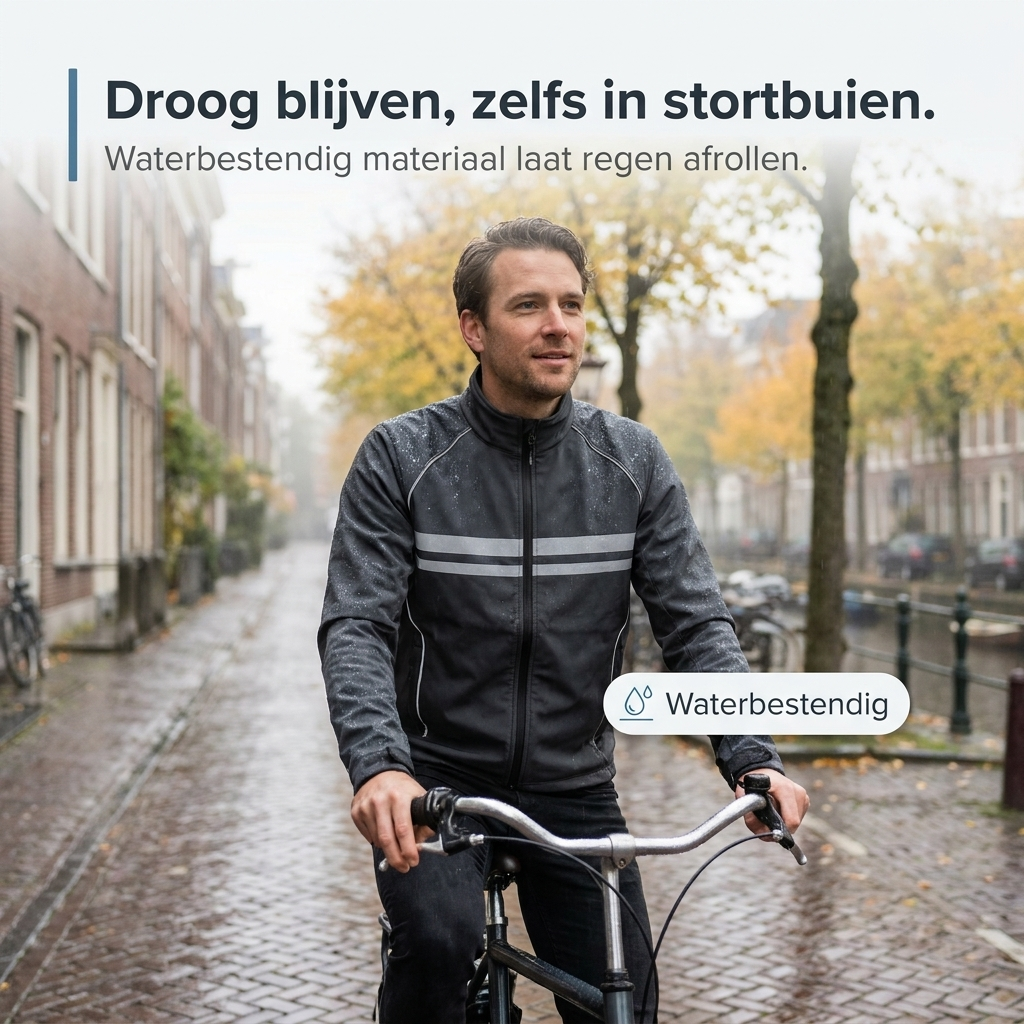 Waterdichte, winddichte, ademende fietsjas met ventilatieopeningen onder de oksels en reflecterende strepen