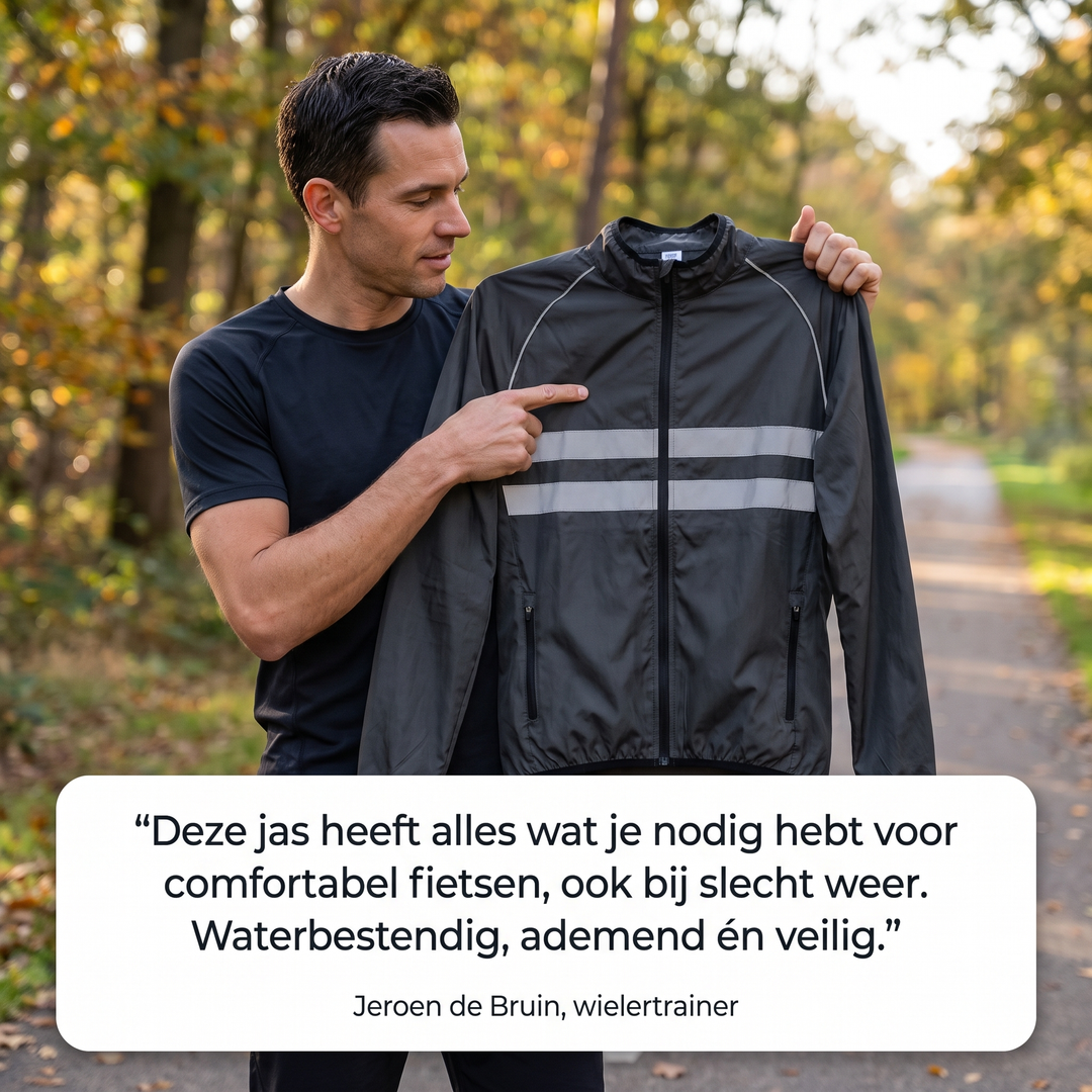 Waterdichte, winddichte, ademende fietsjas met ventilatieopeningen onder de oksels en reflecterende strepen
