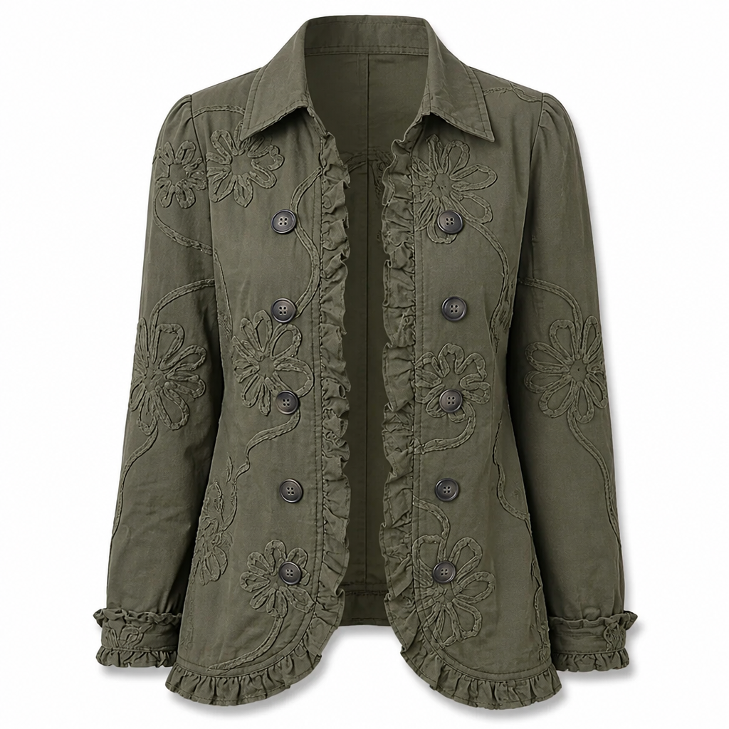 Utilityjack met bloemenborduursel – vintage boho-stijl met ruches