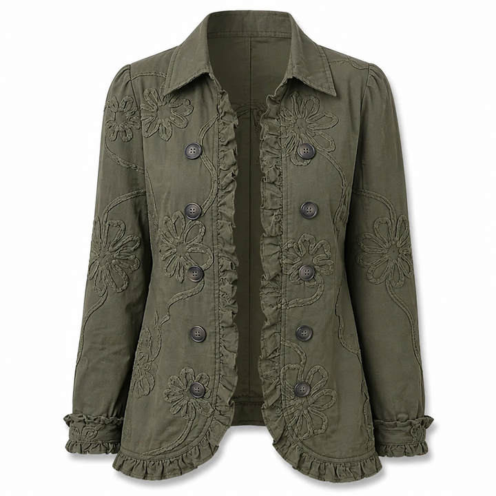 Utilityjack met bloemenborduursel – vintage boho-stijl met ruches