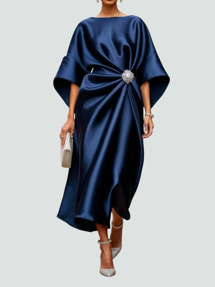 Dames maxi-jurk met gedrapeerde broche – avondjurk met capemouwen voor formele gelegenheden
