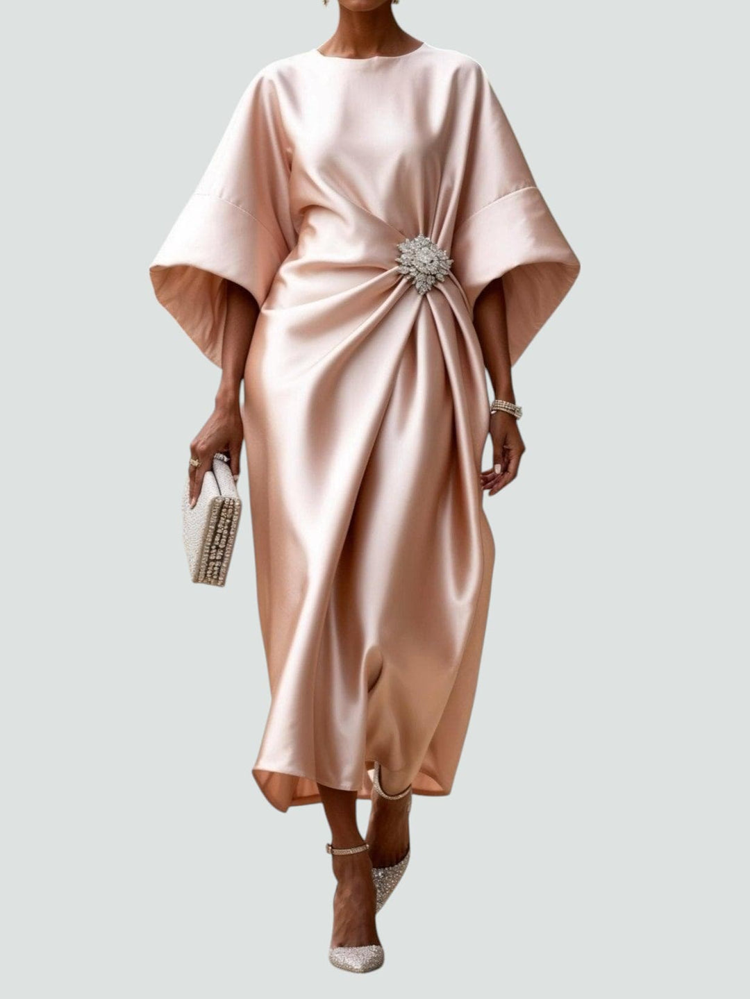Dames maxi-jurk met gedrapeerde broche – avondjurk met capemouwen voor formele gelegenheden