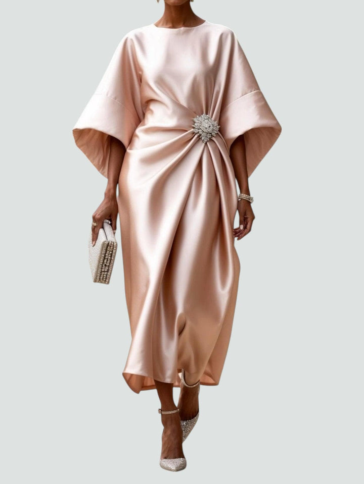Dames maxi-jurk met gedrapeerde broche – avondjurk met capemouwen voor formele gelegenheden