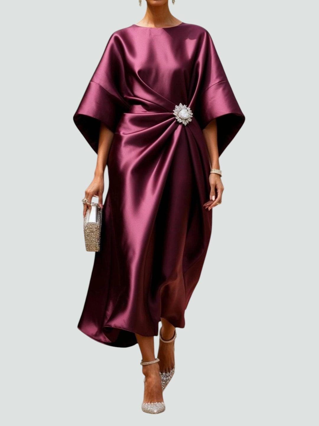 Dames maxi-jurk met gedrapeerde broche – avondjurk met capemouwen voor formele gelegenheden