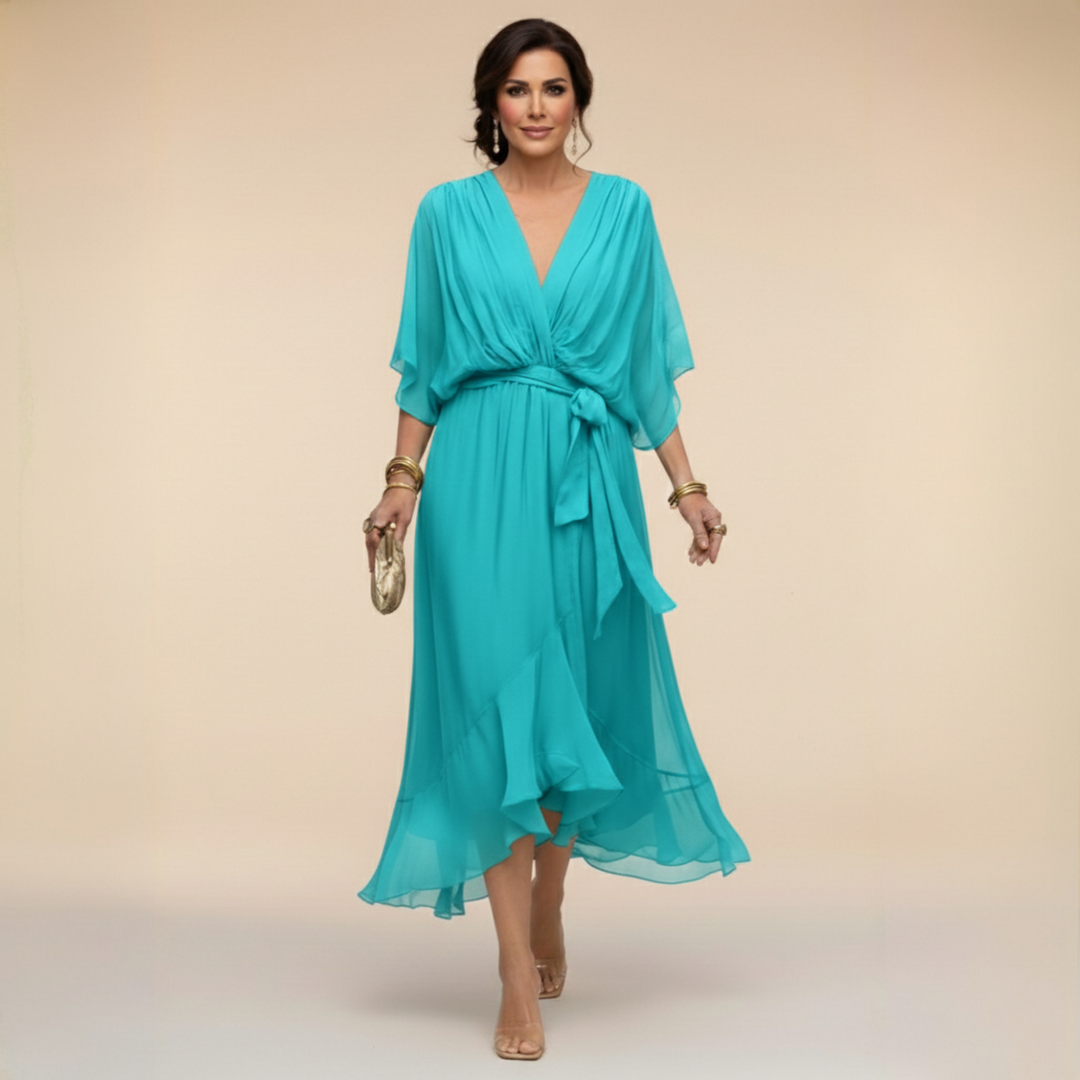 Elegante, vloeiende midi-jurk voor dames – V-hals & verstelbare taille