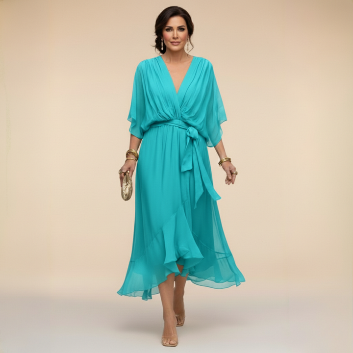 Elegante, vloeiende midi-jurk voor dames – V-hals & verstelbare taille