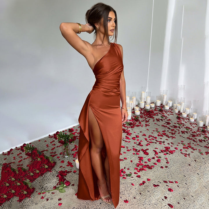 Sexy One-shoulder Backless Slit Dress Summer Elegant Slim-fit Solid Color Satin Dresses For Women
