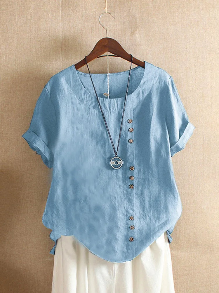 Elegante Katoenen Dames Blouse met Korte Mouwen en Knoop details