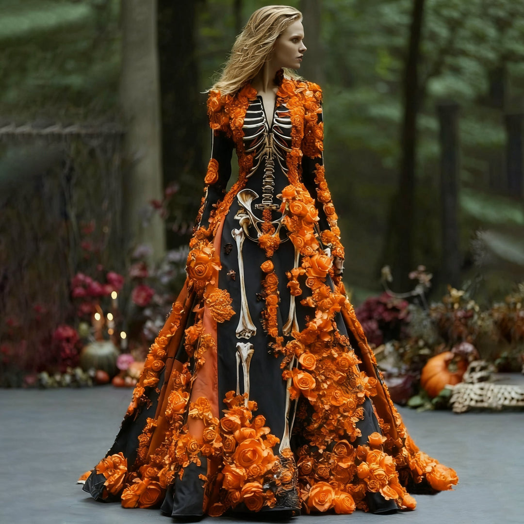 Dames maxi-jurk met lange mouwen en skelet-bloemenprint voor Halloweenfeesten