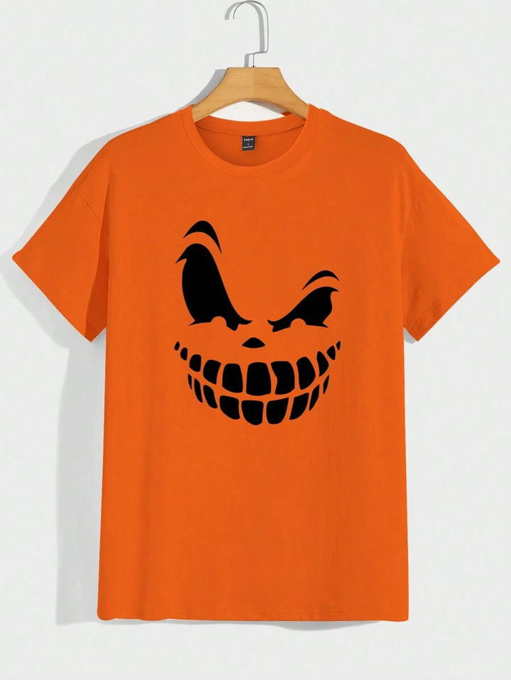 Oranje Heren T-shirt met Cartoon Pompoenprint