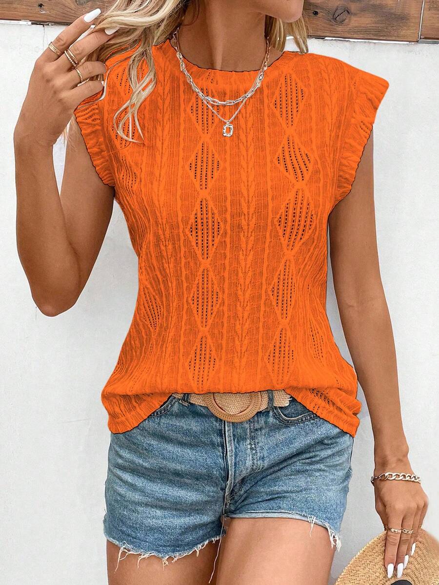 Oranje Mouwloos Dames T-shirt met Ronde Hals