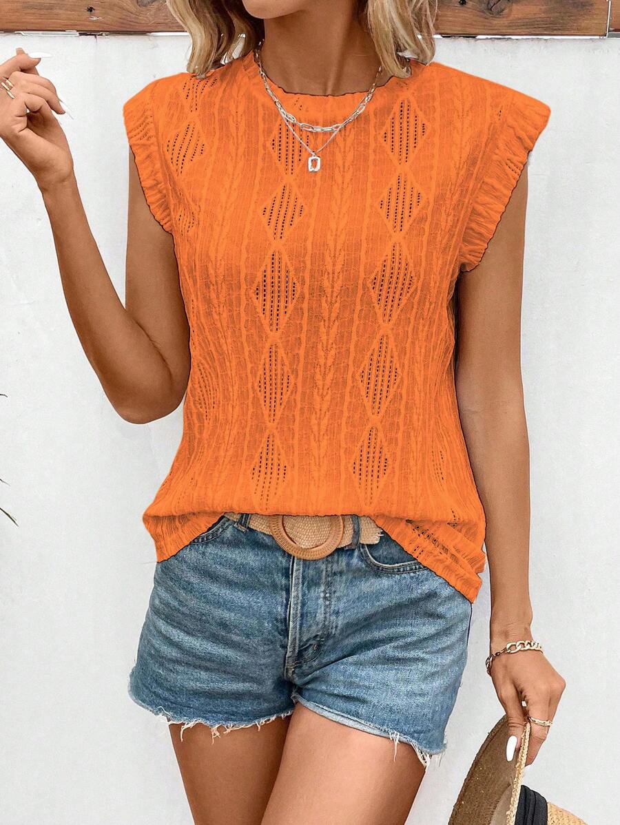 Oranje Mouwloos Dames T-shirt met Ronde Hals