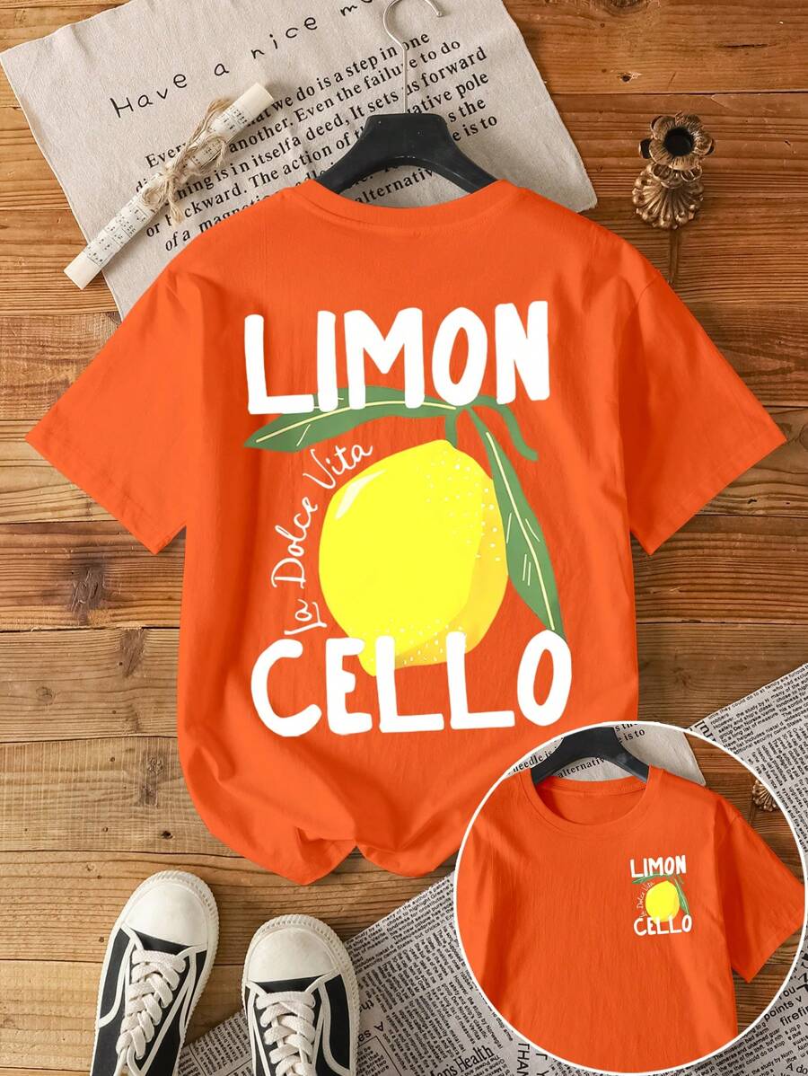 Oranje Dames T-shirt met Fruitprint en Tekst