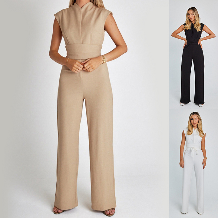 Elegante Mouwloze Jumpsuit met V-hals en Wijde Pijpen
