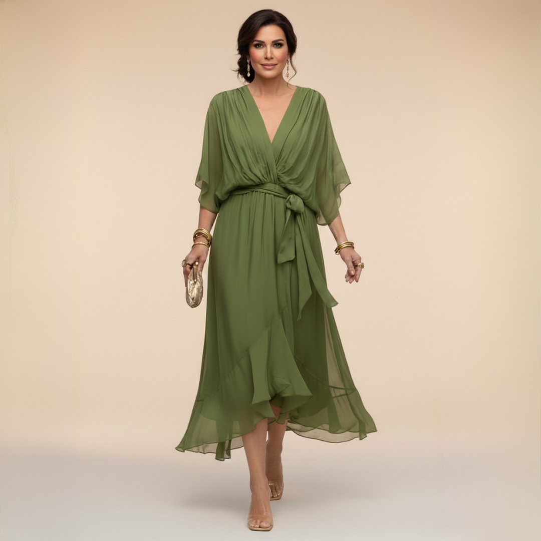 Elegante, vloeiende midi-jurk voor dames – V-hals & verstelbare taille