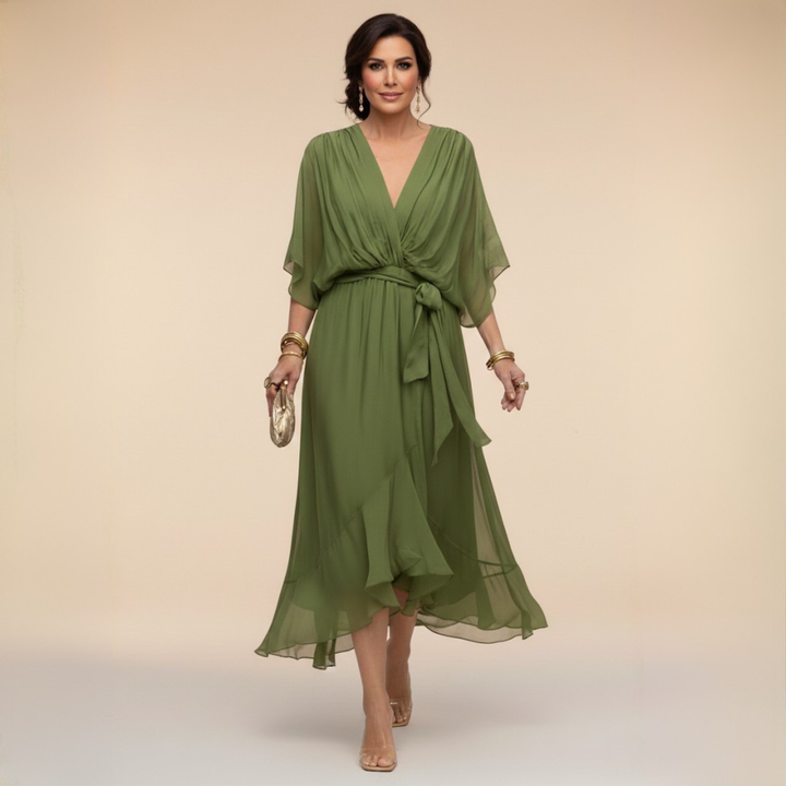 Elegante, vloeiende midi-jurk voor dames – V-hals & verstelbare taille