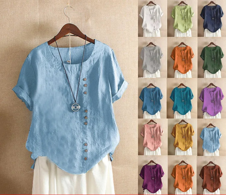 Elegante Katoenen Dames Blouse met Korte Mouwen en Knoop details