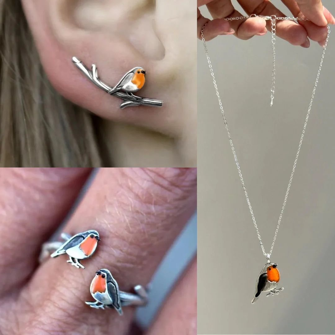 Oliegekleurde Vogel Ring & Ketting Set