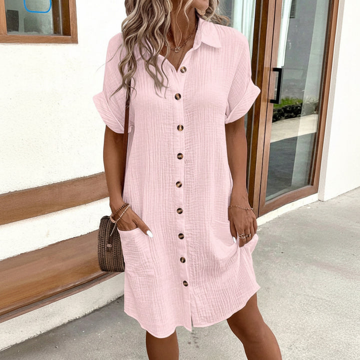 Summer Short Sleeve Shirt Dress Fashion Solid Color Single-breasted Mid-length Loose Dress