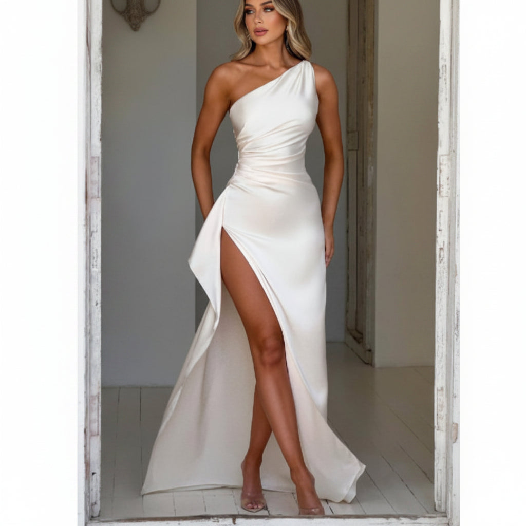 Sexy One-shoulder Backless Slit Dress Summer Elegant Slim-fit Solid Color Satin Dresses For Women