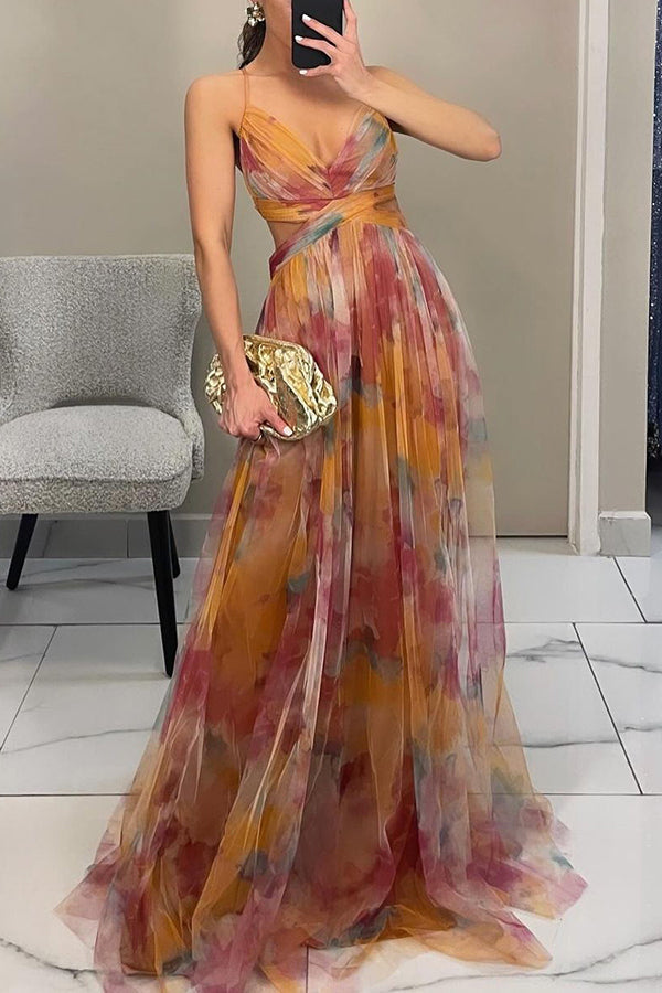 Robe longue femme multicolore à fines bretelles décolleté en V fluide