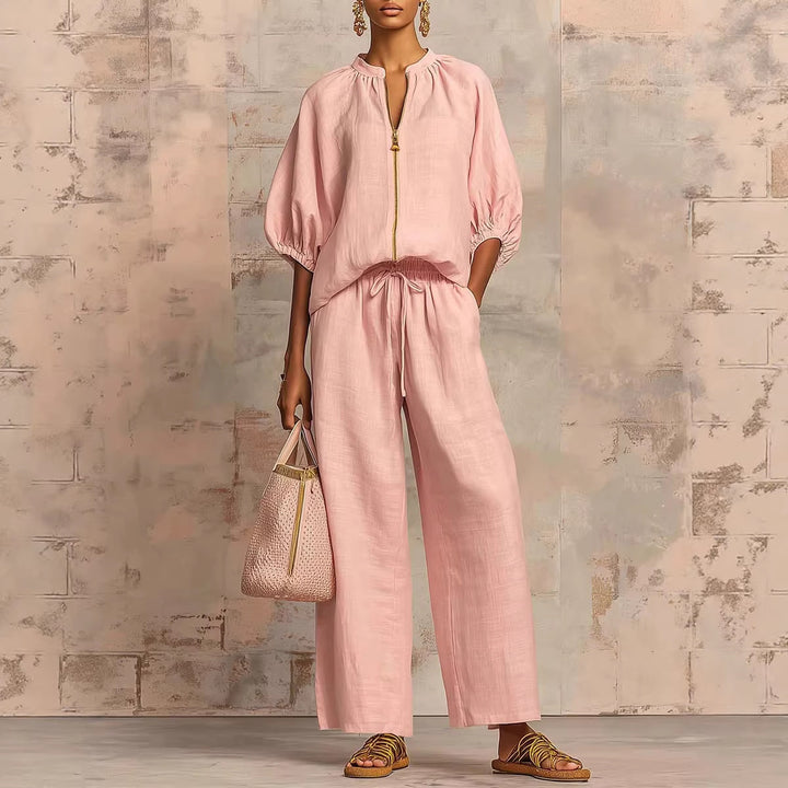 Casual Relaxed-fit Solid-color Zip-up Crew-neck Wide-leg Pants Set