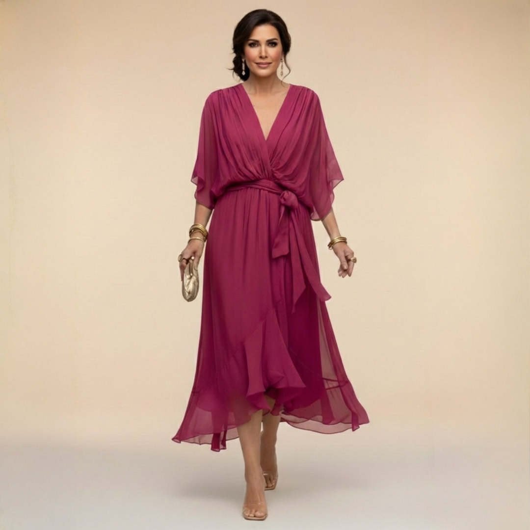 Elegante, vloeiende midi-jurk voor dames – V-hals & verstelbare taille