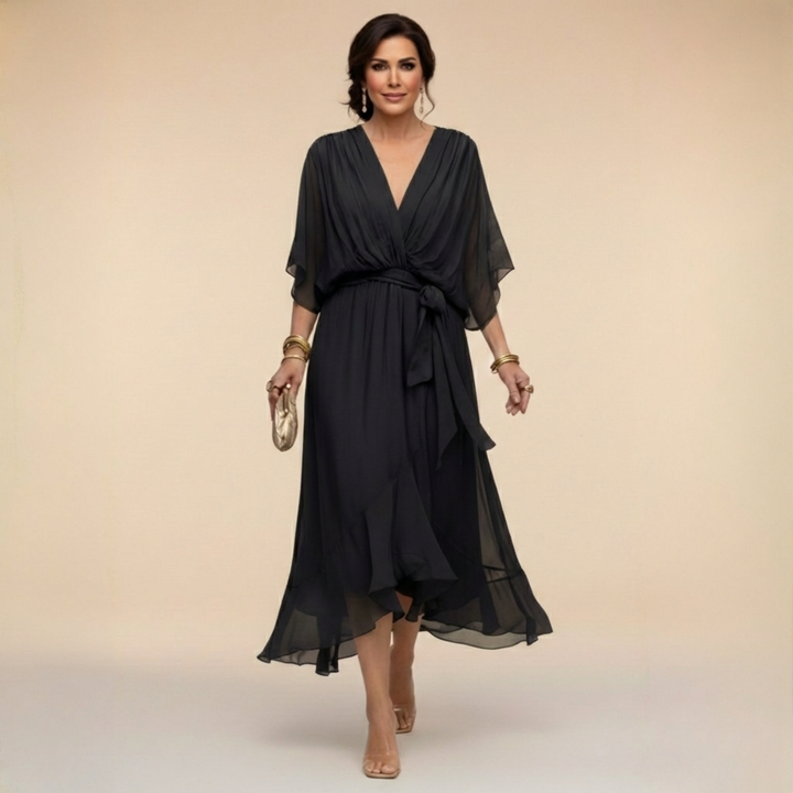 Elegante, vloeiende midi-jurk voor dames – V-hals & verstelbare taille