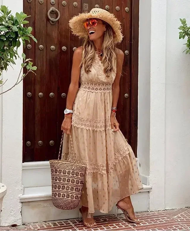 Isadora – Elegante Mouwloze Maxi Jurk met Kant en Hoge Taille