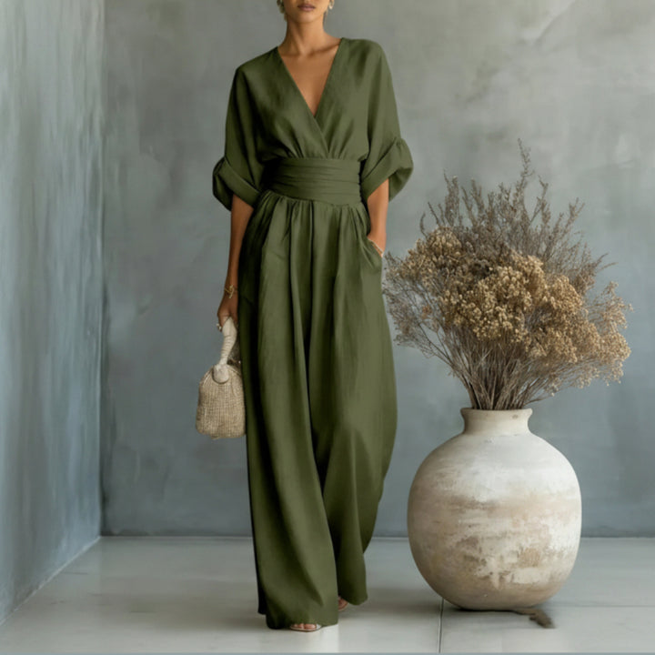Summer Short-sleeved Jumpsuit Fashion Casual V-Neck Wide-Leg Pants Womens Clothing