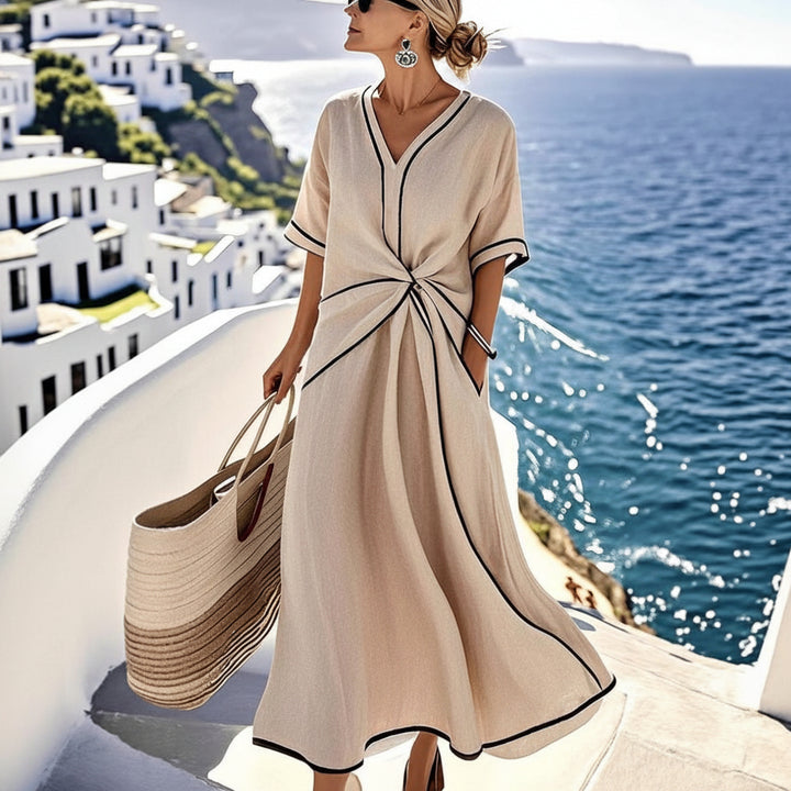 Summer Striped Print Dress Casual Beach Vacation Short-sleeved Maxi Dress Womens Clothing