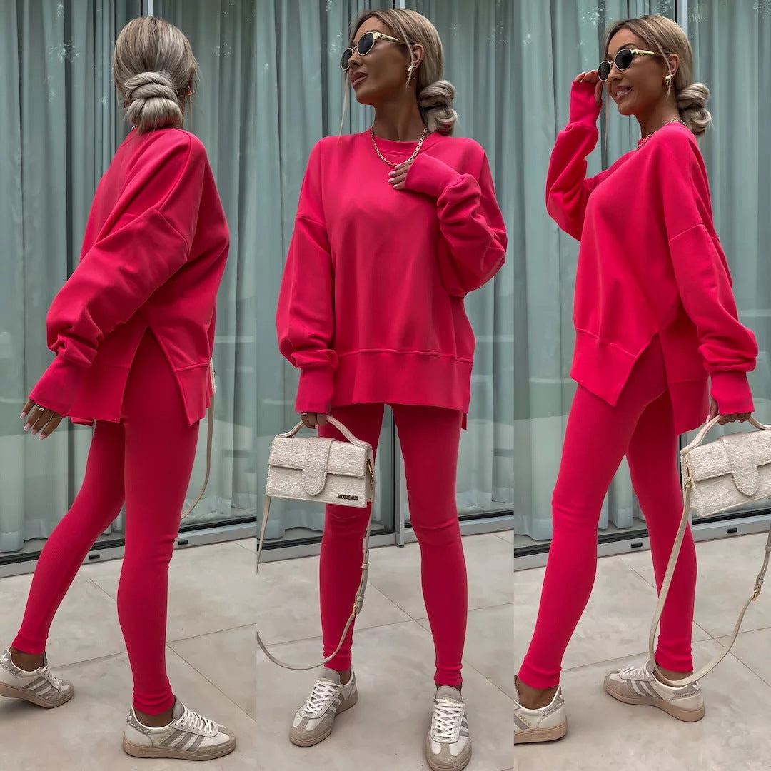 Comfortabele Dames Set met Split Top en Strakke Broek