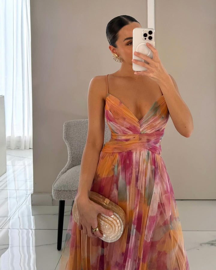 Robe longue femme multicolore à fines bretelles décolleté en V fluide