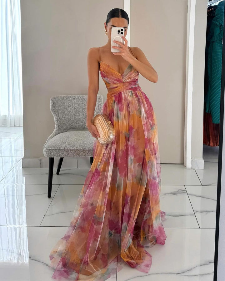 Robe longue femme multicolore à fines bretelles décolleté en V fluide